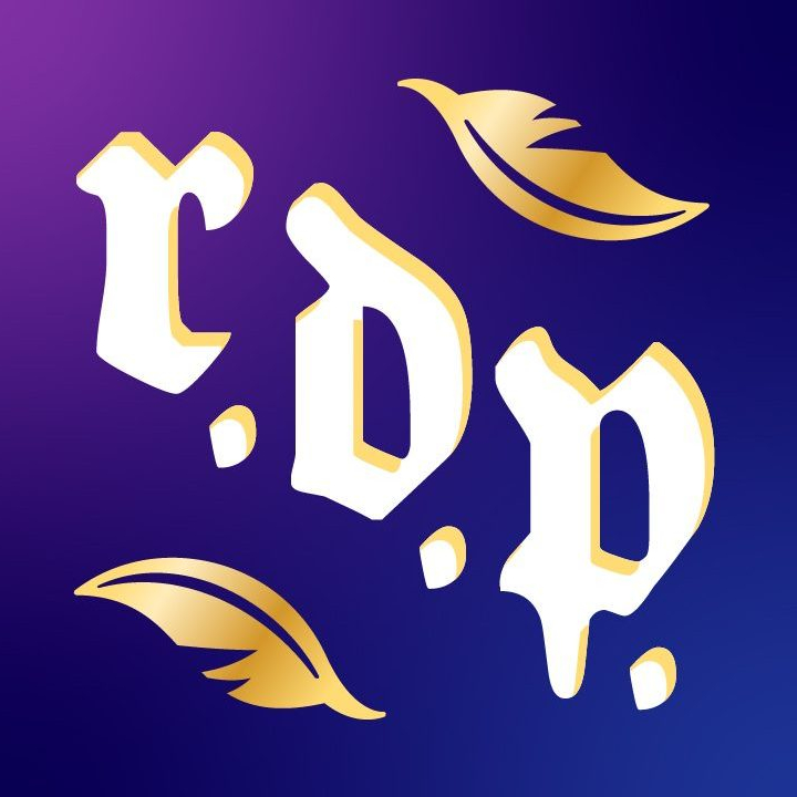 The initials RDP over a gradient background from purple to blue with golden feathers in the corners.