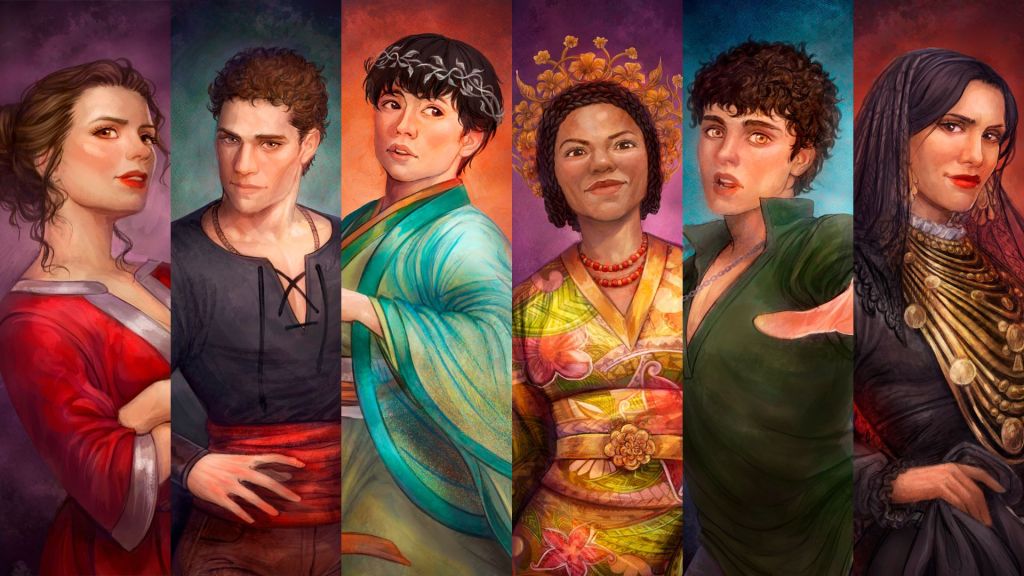 Banner made of six panels with a different point-of-view character from Design of Darkness in each. Left to right: Mariana, Arsenio, Kaori, Yiscel, Emilio, Ira