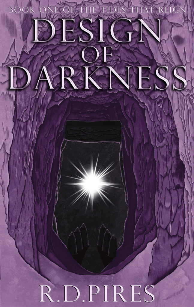 Book cover for "Design of Darkness." Featuring a violet cave with darkening layers toward the center and a bright light in the middle.