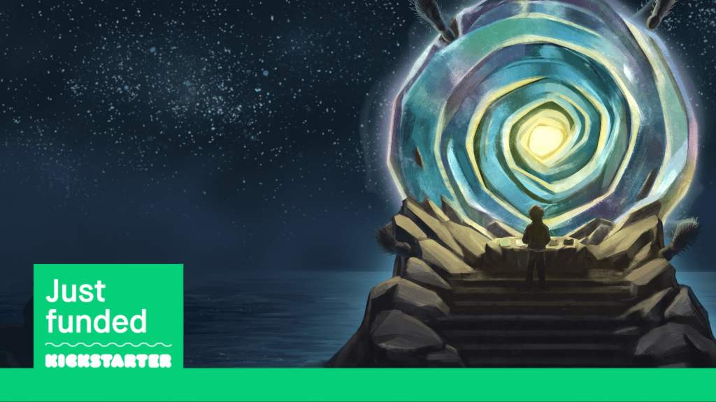 A green banner that reads "just funded, kickstarter" over an image of a boy standing in front of a vibrant, multicolored spiral stone.