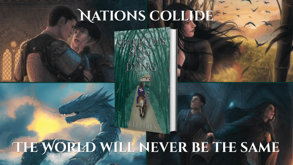 Banner with four scenes behind the cover image of Sparrows Sing of Dying with text that reads "Nations Collide. Life will never be the same."