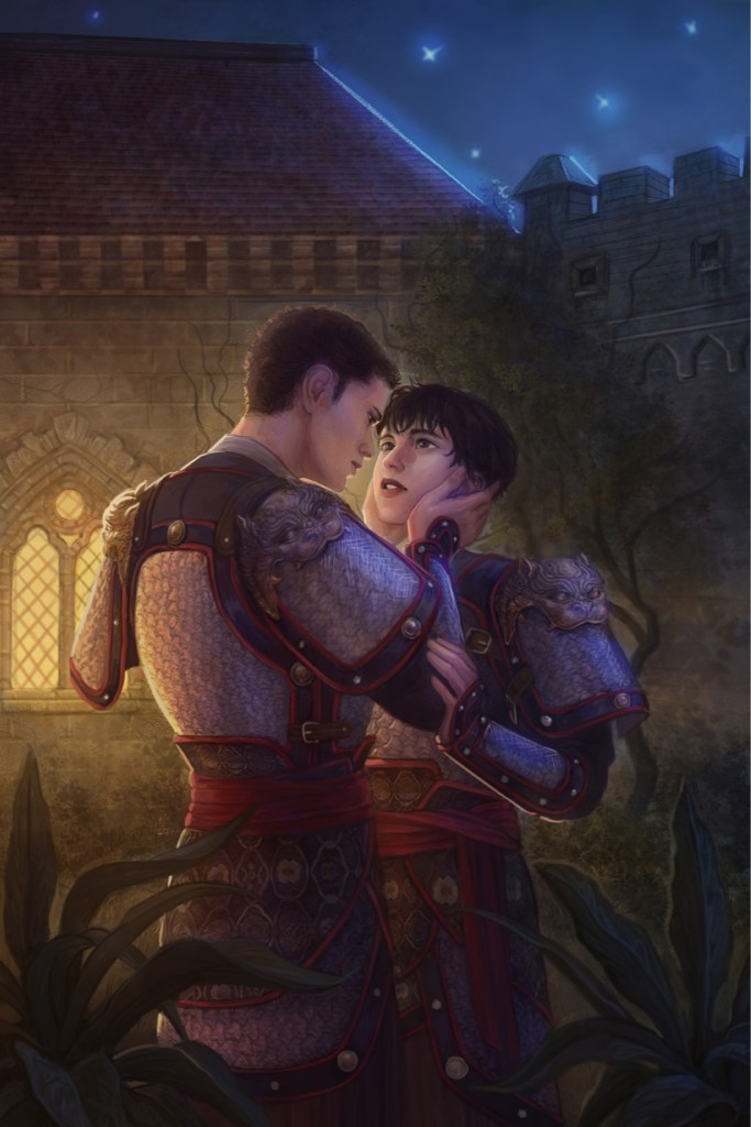 The characters Arsenio and Kaori staring longingly into each other's eyes, dressed in armor, and standing in a courtyard.