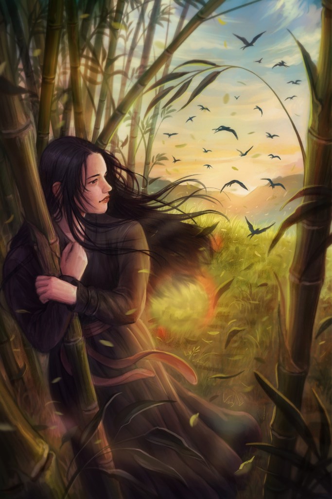 The character Midori clinging to a bamboo stalk as she watches sparrows soar into the distance while the sun rises.