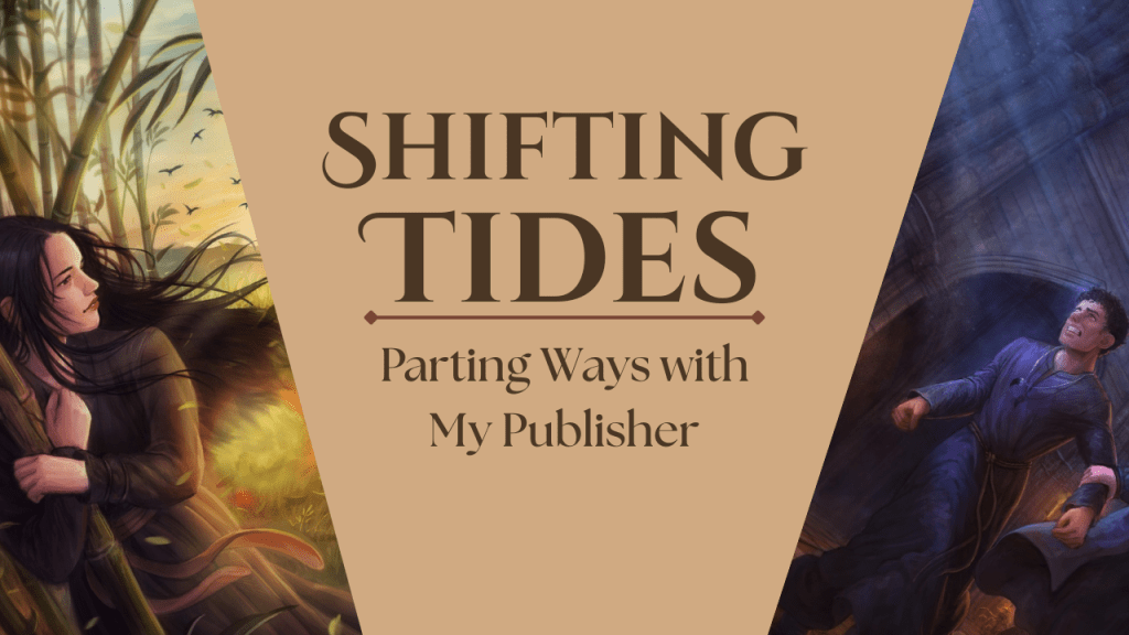 Title card with the character Midori on the left looking out at a sunrise and the character Emilio on the right looking afraid. Text in the center reads "Shifting Tides: Parting Ways with My Publisher"