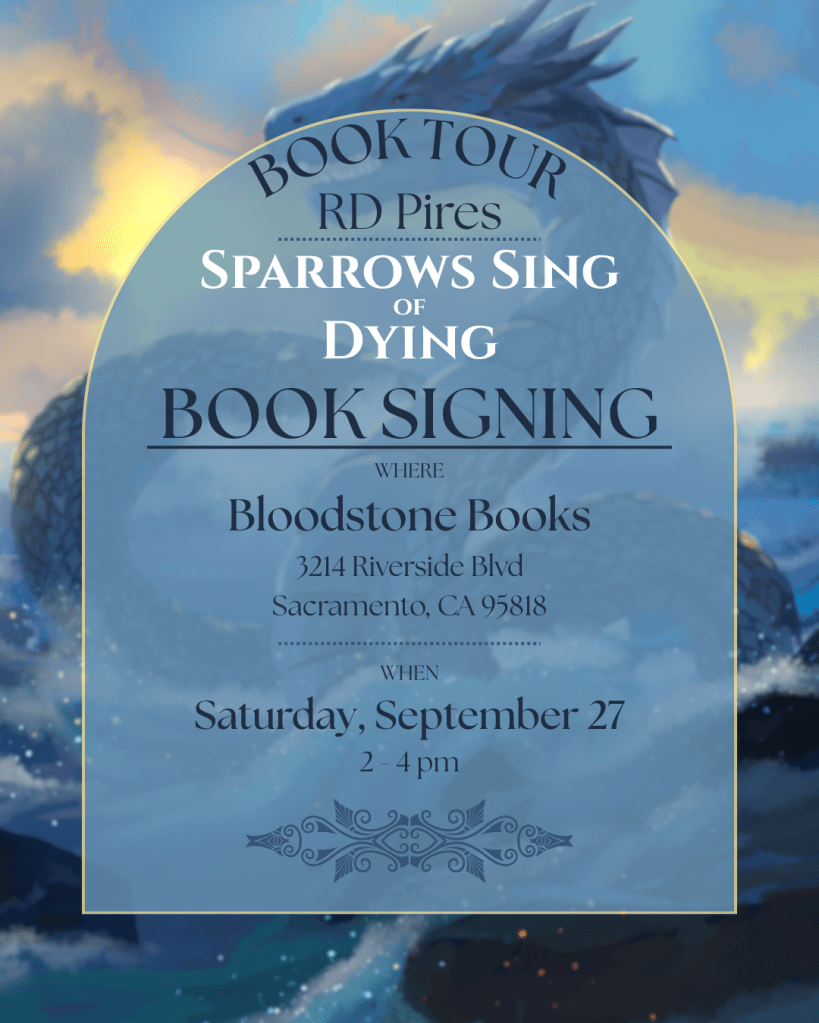 A blue invitation to a book event at Bloodstone Bookshop in Sacramento on September 27, 2025 from 2 to 4pm. In the background is a large sea serpent emerging from the water.
