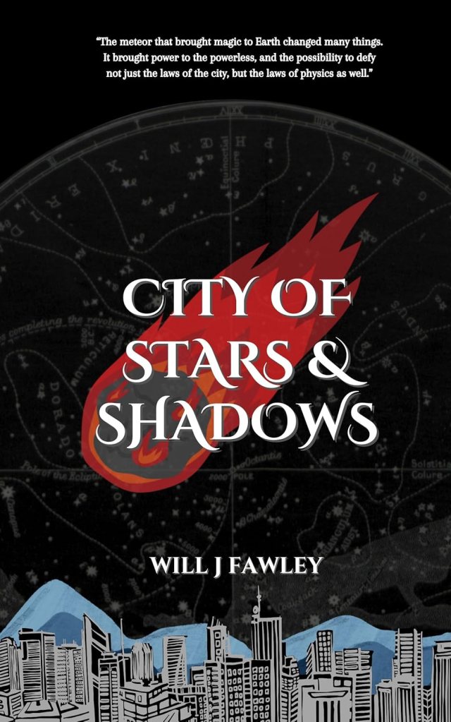 Cover for City of Stars and Shadows featuring a red comet descending through a starry night upon a cityscape.