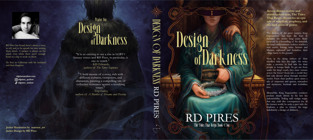 The full dust jacket spread for Design of Darkness, including the silhouette of a retreating man on the left and a man in a teal robe sitting on a throne on the right.