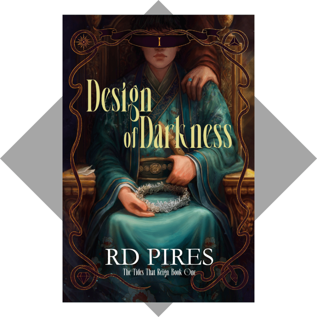 Book cover illustration of a man in a floral, teal robe sitting on a throne, holding a crown in his lap with the other hand on his belt. A hand rests on his shoulder.