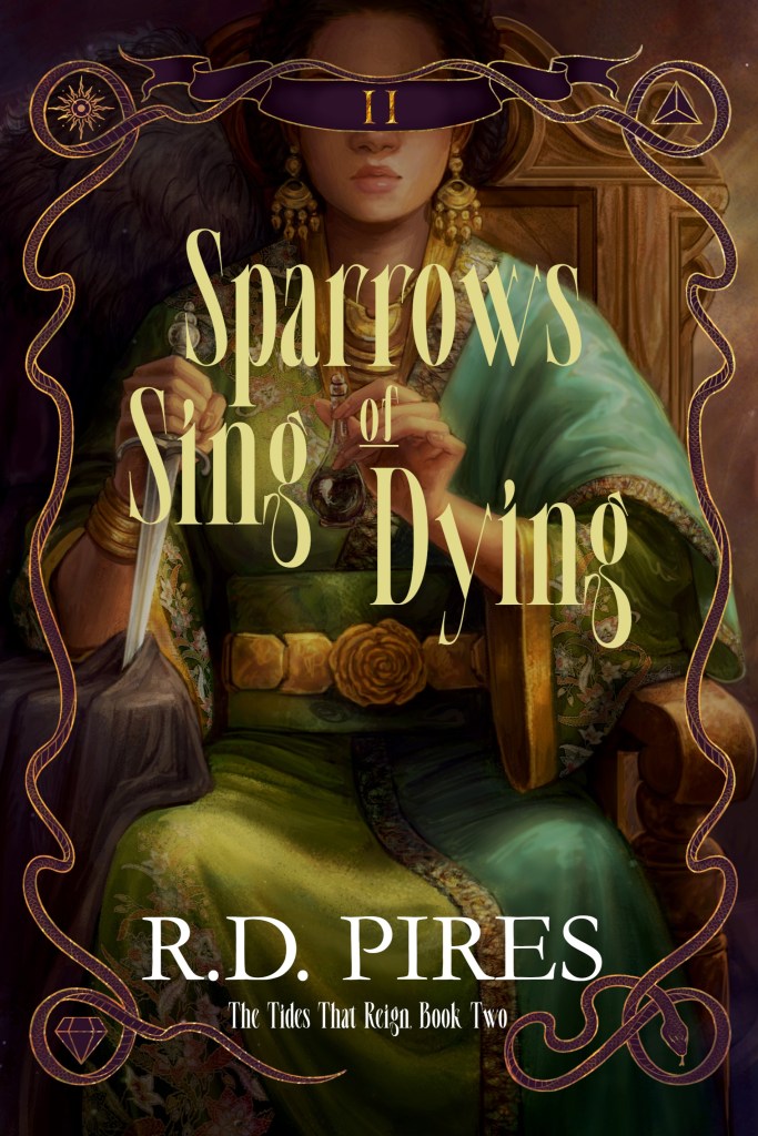 A woman in a green dress sits on a large wooden chair. In one hand she holds a knife point-down into a black cloak draped over the arm of the chair. In the other hand, she holds up a small vial with black dust in it. The title of the cover reads 'Sparrows Sing of Dying'