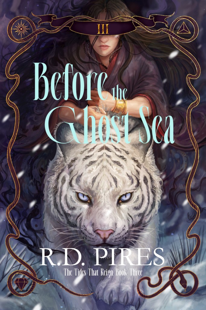 The front cover for Before the Ghost Sea, book 3 in The Tides That Reign series, featuring a woman in a flowing robe riding on the back of a white tiger through the snow.