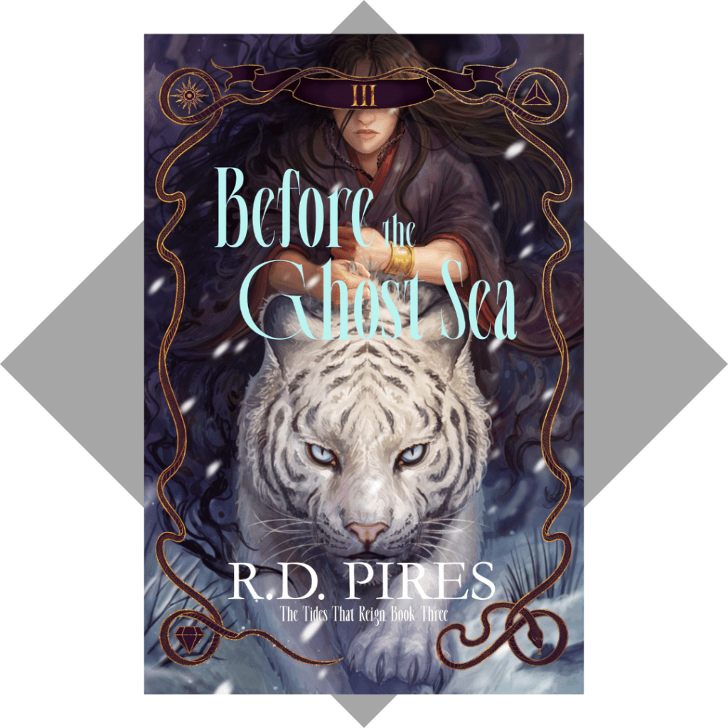 Book cover for Before the Ghost Sea, book three in The Tides That Reign saga featuring a woman riding on the back of a white tiger through a snow storm. She wears a gold cuff and a chain necklace is visible around her neck.