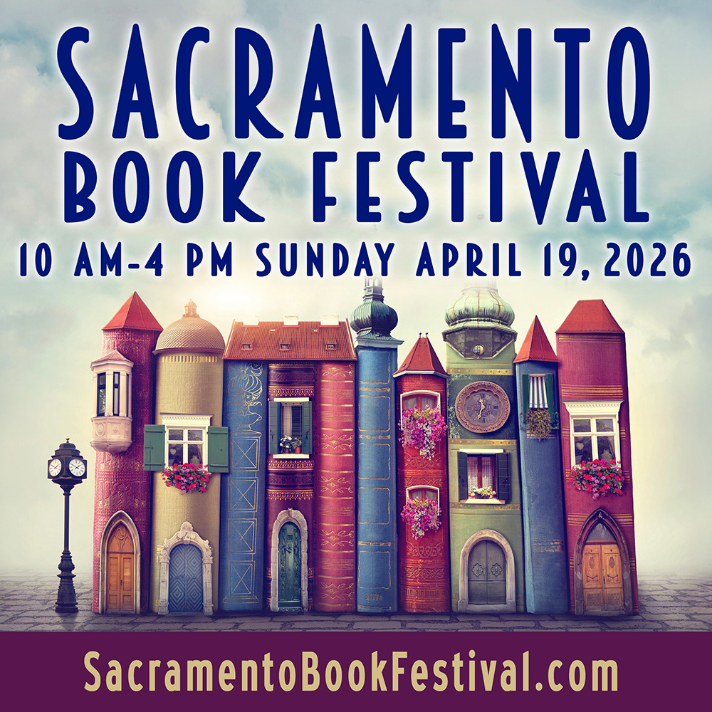 Poster for the 2026 Sacramento Book Festival, which features an illustration of book spines made to look like buildings with windows, doors and a streetlamp.