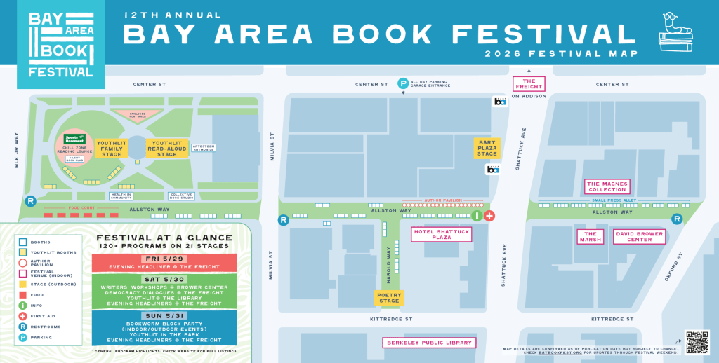 Map of the Bay Area Book Festival in Downtown Berkeley, CA. The map shows that three blocks of Allston Way will be occupied by vendors, including a segment labeled "Author Pavilion" in the center block.