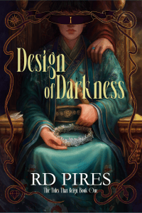 Front cover of queer, dark epic fantasy novel Design of Darkness depicting a man in a teal robe sitting on a throne. He holds a crown in his hands and a hand emerges from the darkness to rest on his shoulder. The roman numeral "I" obscures his eyes.