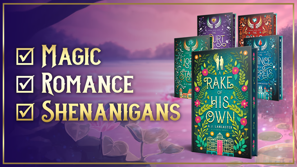 A colorful book cover for 'A Rake of His Own' by A.J. Lancaster, surrounded by other book covers, featuring checkmarks for 'Magic', 'Romance', and 'Shenanigans', with a serene background of water and plants.