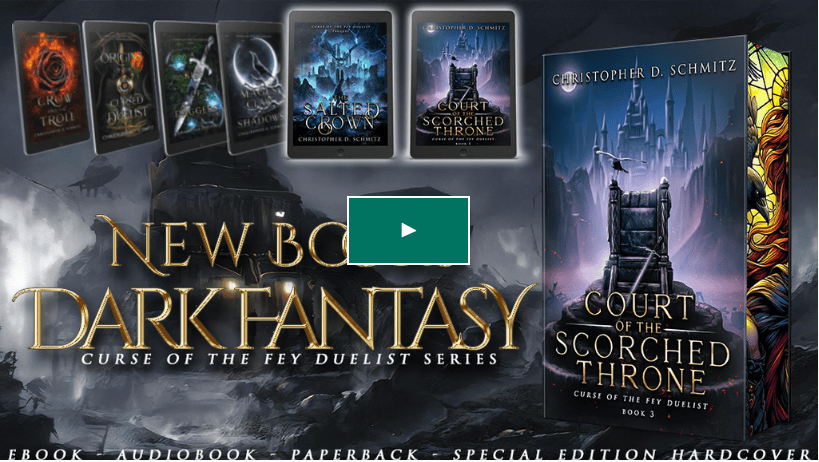 Promotional image for the book 'Court of the Scorched Throne' by Christopher D. Schmitz, featuring covers from the 'Curse of the Fey Duelist' series and highlighting different formats available: ebook, audiobook, paperback, and special edition hardcover.