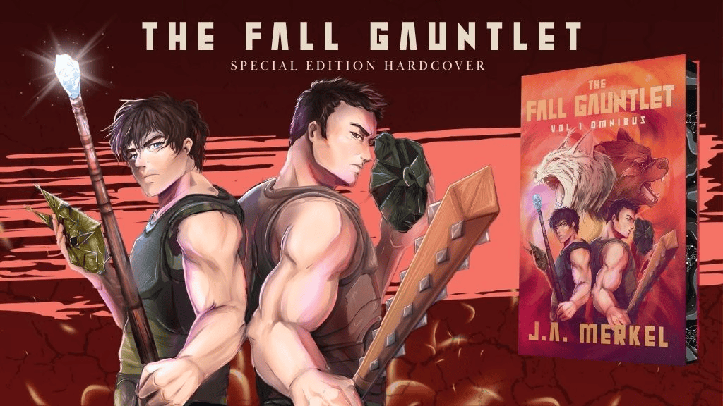 Illustration featuring two muscular male characters holding weapons, with one brandishing a glowing staff and the other wielding a spear. The background has a dramatic red gradient, and a hardcover book titled 'The Fall Gauntlet' by J.A. Merkel is prominently displayed beside them.