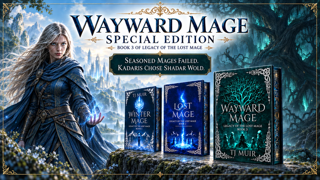 A fantasy-themed image featuring a female mage in a blue cloak, standing amidst a mystical landscape. The background includes mountains and trees, suggesting a magical realm. Three book covers are displayed: 'Winter Mage', 'Lost Mage', and 'Wayward Mage', with the text 'Wayward Mage Special Edition' prominently featured.
