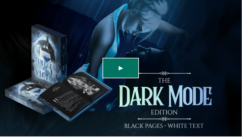 Promotional image for 'The Timeless Victor' by A.C. Guess featuring a book cover and an open book with dark themed pages and white text, labeled as the Dark Mode Edition.