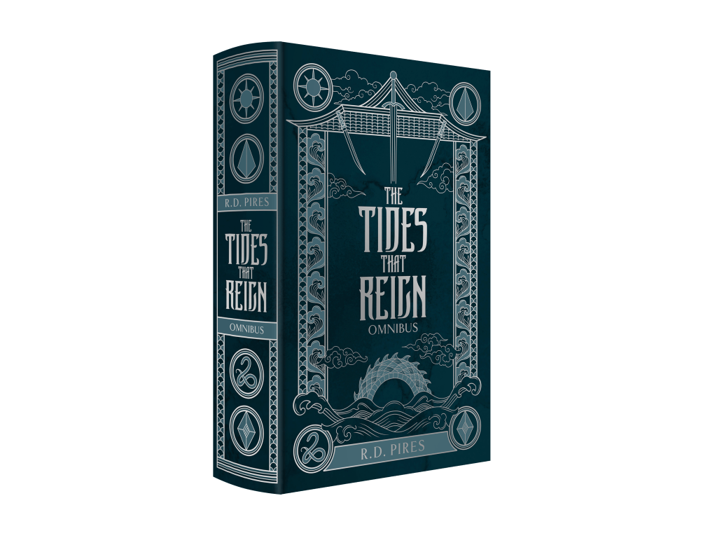 A 3D mockup of The Tides That Reign epic fantasy Omnibus, showcasing a marbled teal book with geometric patterns across the cover and an image of a sea serpent cresting the water.