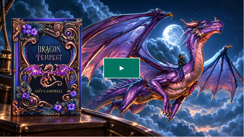 A fantasy book cover titled 'Dragon Tempest' by Amy Campbell, featuring a purple dragon soaring through a cloudy sky with the moon in the background.