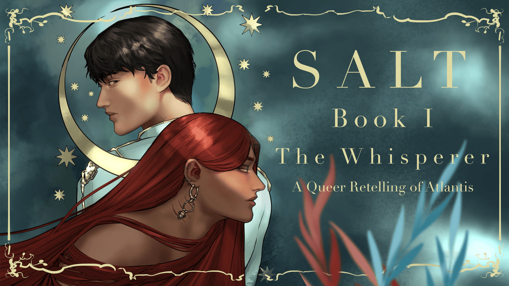 Book cover of 'SALT: Book I The Whisperer', featuring a man with short dark hair and a woman with long red hair against a cosmic background, with decorative elements like stars and a crescent moon.