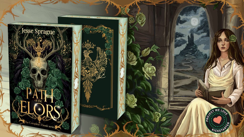 Cover of the book 'Path of the Elors' by Jesse Sprague, showcasing intricate designs with a skull and roses, along with a scene of a woman reading in a mystical landscape.